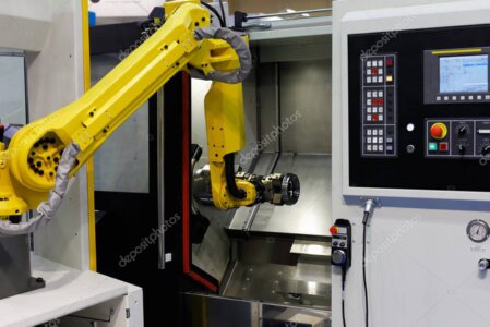 CNC machining center integrated with a robotic cell for automated loading and unloading
