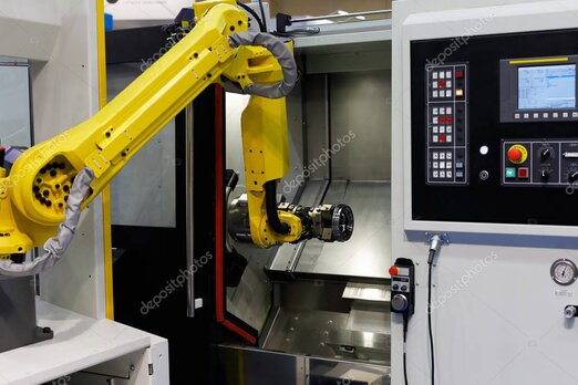 Robotic cell integrated with CNC machining center in a high-tech workshop