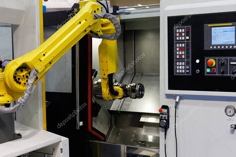 Robotic cell integrated with CNC machining center in a high-tech workshop