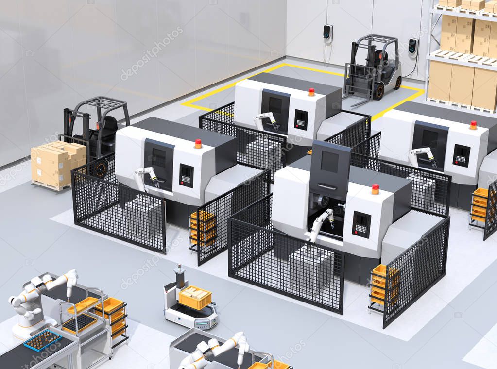 Industrial robotic cell handling parts between machines