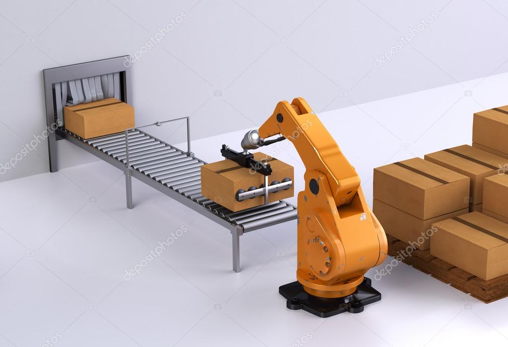 Robotic palletizing cell stacking boxes on pallets